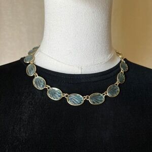 Vintage Teal Lucite Cabochon Necklace Gold Tone Chain Statement 16-18"